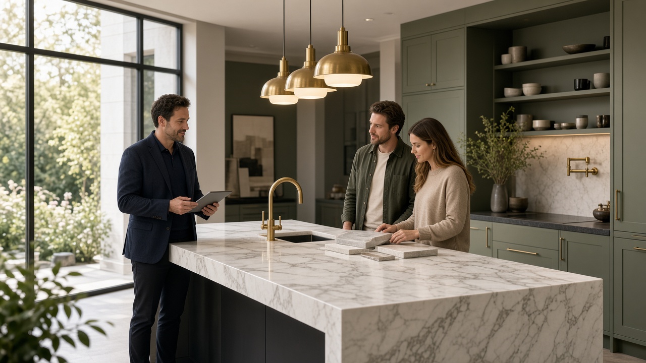 Apollo Kitchen Worktops studio — marble island and sample consultation